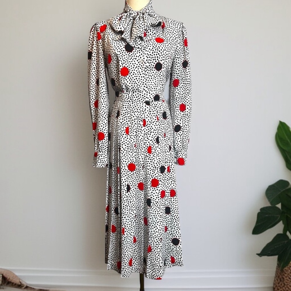 Vintage Red & Black Polka Dot Set Neck Tie Blouse Pleated Skirt